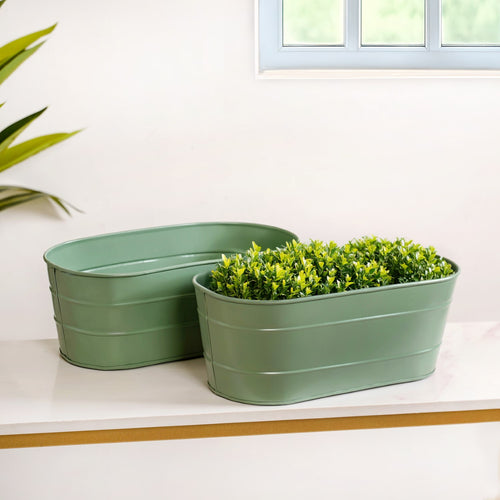 Trough Lined Oval Metal Planter Set Of 2 Sage Green
