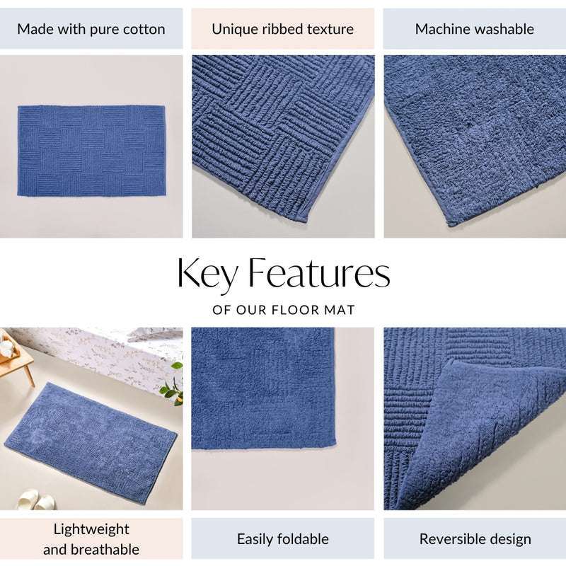 Tufted Anti Slip Pure Cotton Reversible Floor Mat Navy Blue 84x50cm