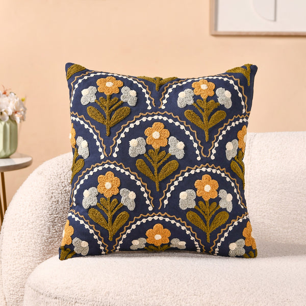 Tufted Blossoms Art Deco Blue Cushion Cover