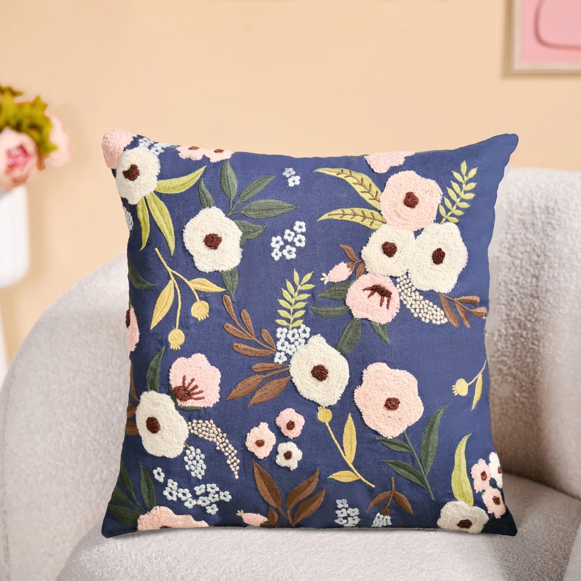 Tufted Floral Embroidered Cushion Cover 40x40cm