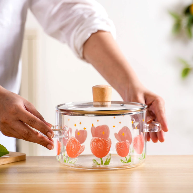 Tulip Print Borosilicate Glass Cooking Pot With Lid 1800ml