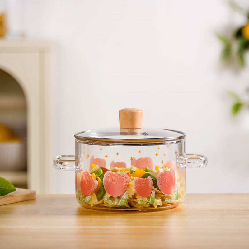Tulip Print Borosilicate Glass Cooking Pot With Lid 1800ml