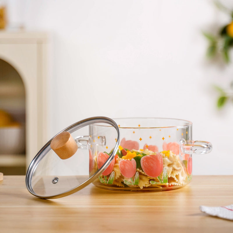 Tulip Print Borosilicate Glass Cooking Pot With Lid 1800ml