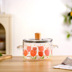 Tulip Print Borosilicate Glass Cooking Pot With Lid 1800ml