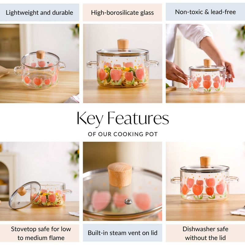 Tulip Print Borosilicate Glass Cooking Pot With Lid 1800ml