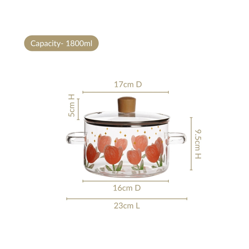 Tulip Print Borosilicate Glass Cooking Pot With Lid 1800ml