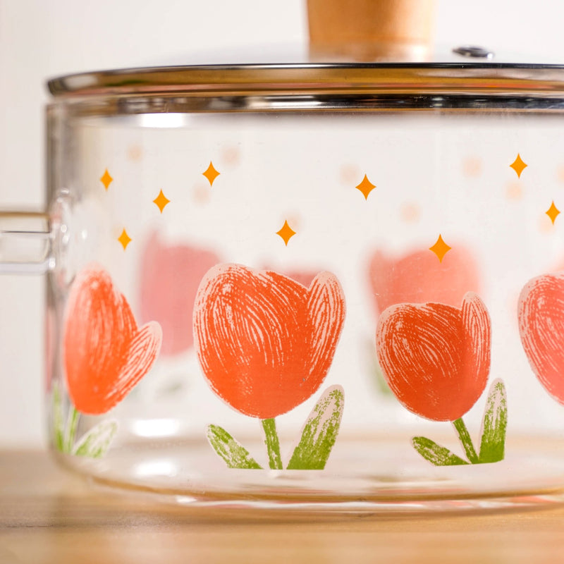 Tulip Print Borosilicate Glass Cooking Pot With Lid 1800ml