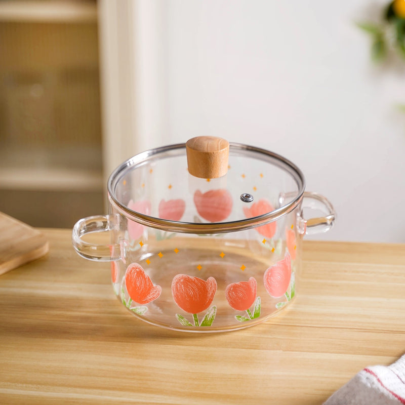 Tulip Print Borosilicate Glass Cooking Pot With Lid 1800ml