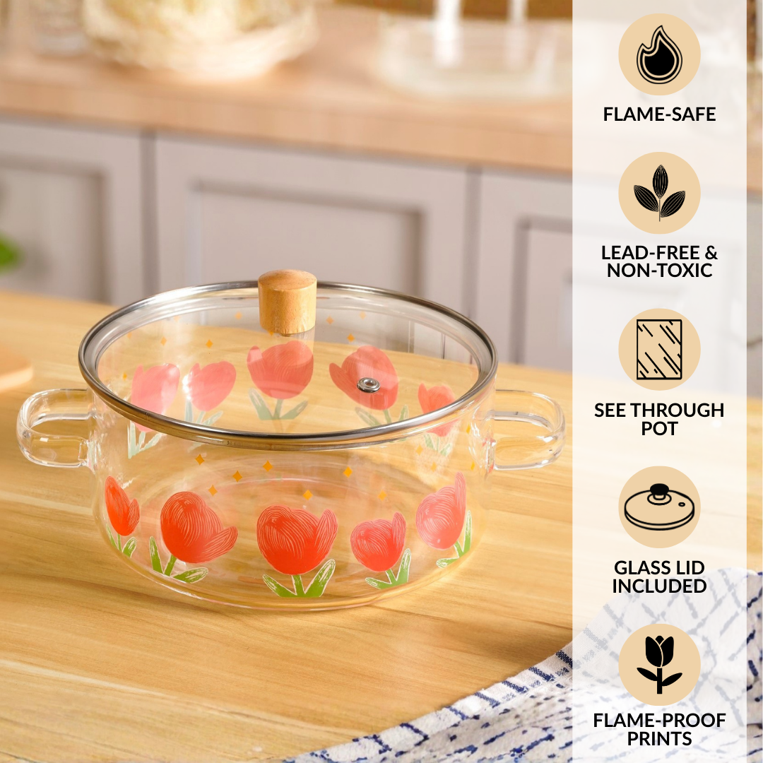 Tulip Flame Safe Glass Cooking Pot With Lid 2500ml