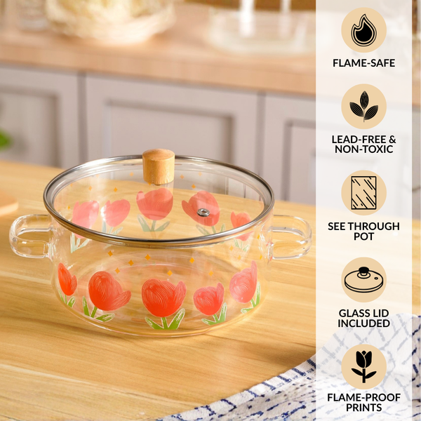 Tulip Print Borosilicate Glass Cooking Pot With Lid 2500ml