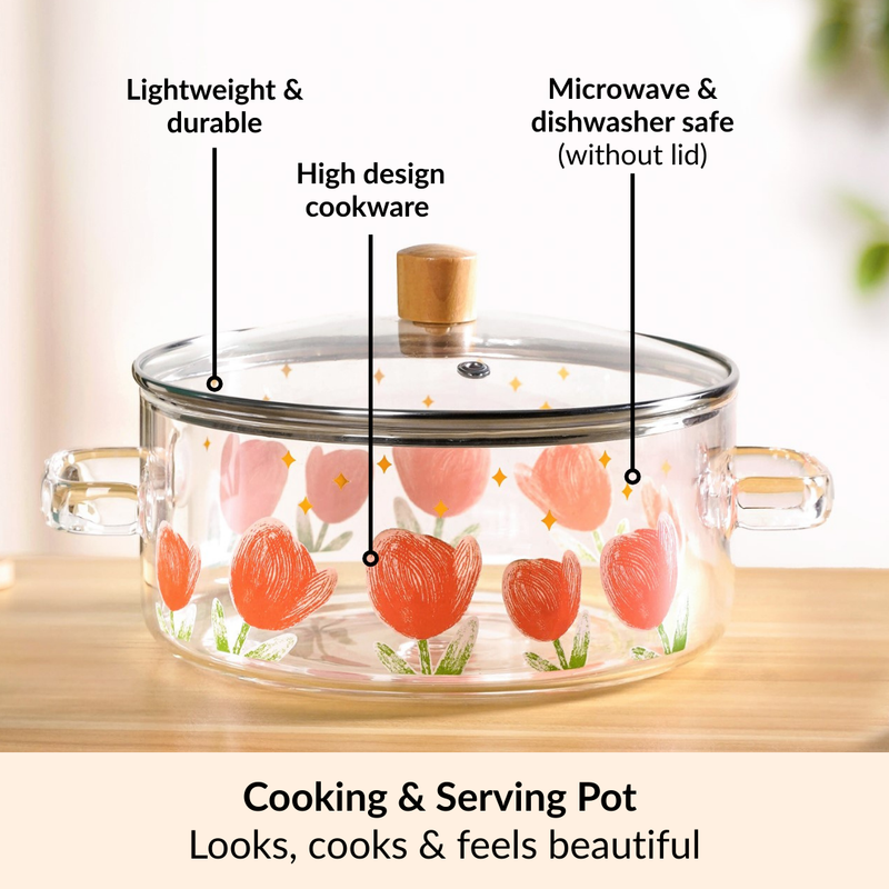 Tulip Print Borosilicate Glass Cooking Pot With Lid 2500ml