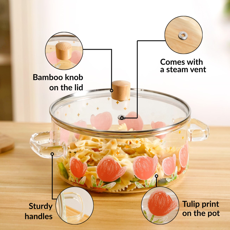Tulip Print Borosilicate Glass Cooking Pot With Lid 2500ml