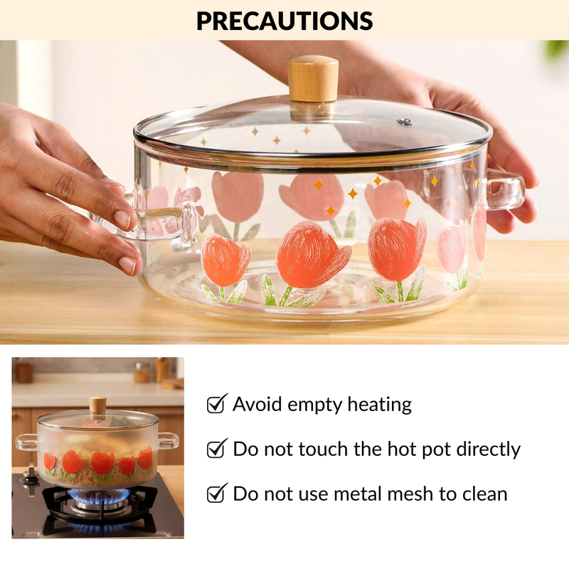 Tulip Print Borosilicate Glass Cooking Pot With Lid 2500ml