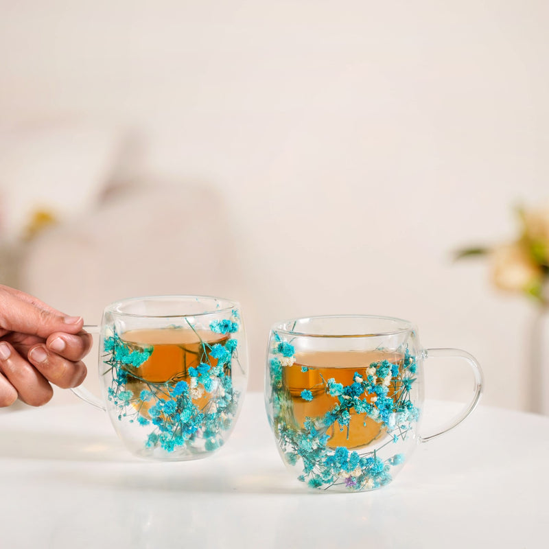 Turquoise Flowers Double Walled Mug Set Of 2 250ml
