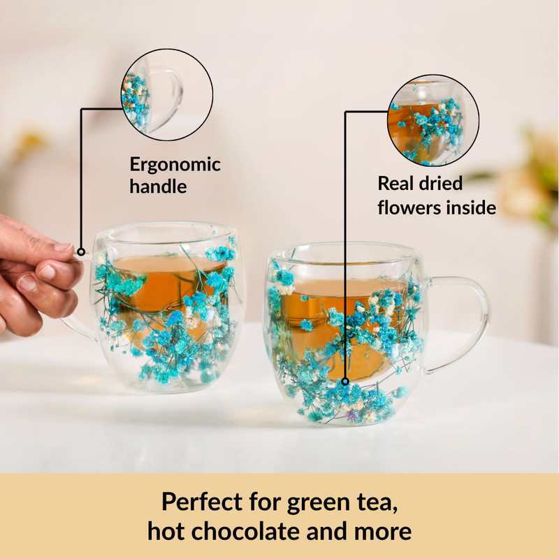 Turquoise Flowers Double Walled Mug Set Of 2 250ml