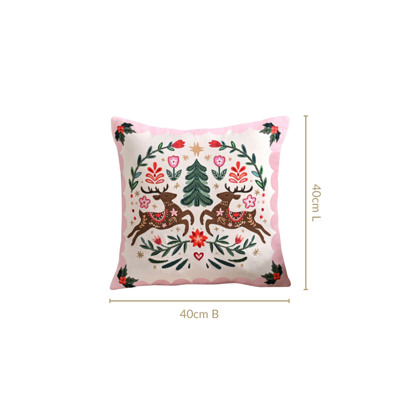 Twin Reindeers Embroidered Cotton Cushion Cover 40x40cm