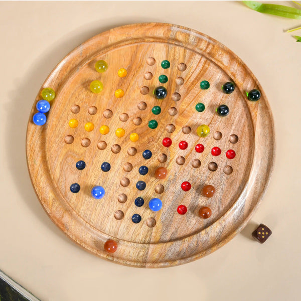 Wooden Ludo Solitaire 2-in-1 Game With Glass Marbles