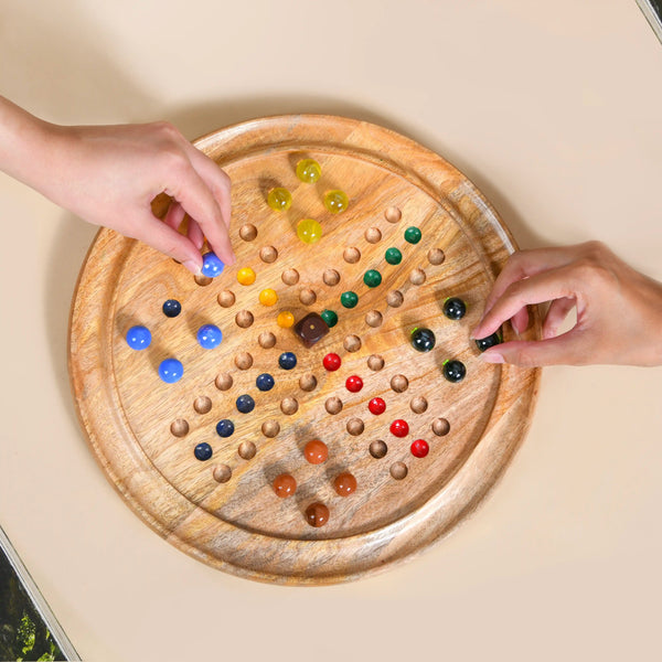 Wooden Ludo Solitaire 2-in-1 Game With Glass Marbles