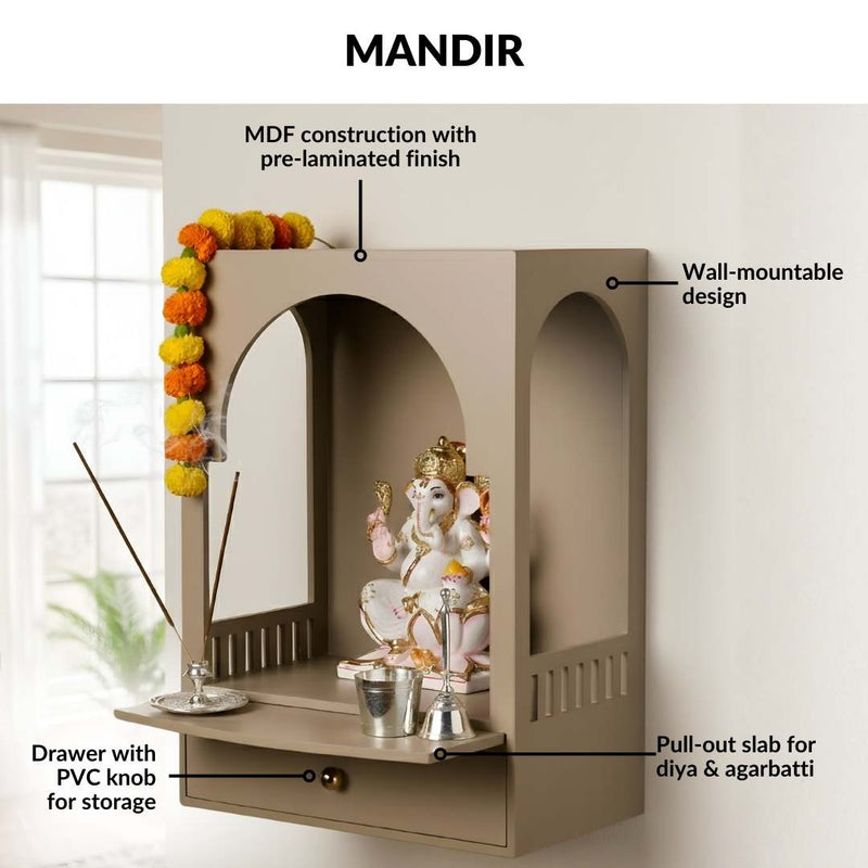 Urban Wall Mountable Mandir Medium With Bell Hanging Aasan Ghanti Diya And Puja Thali