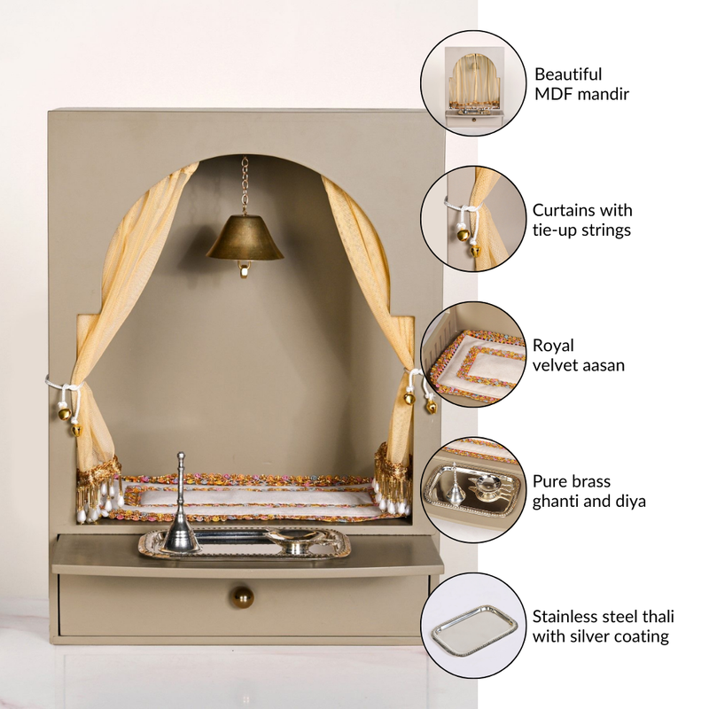 Mountable Mandir Medium With Bell Aasan Ghanti Diya Curtain And Puja Thali