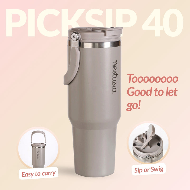 PickSip 40 Insulated Tumbler Bottle With Top Handle Urban Greige 1200ml