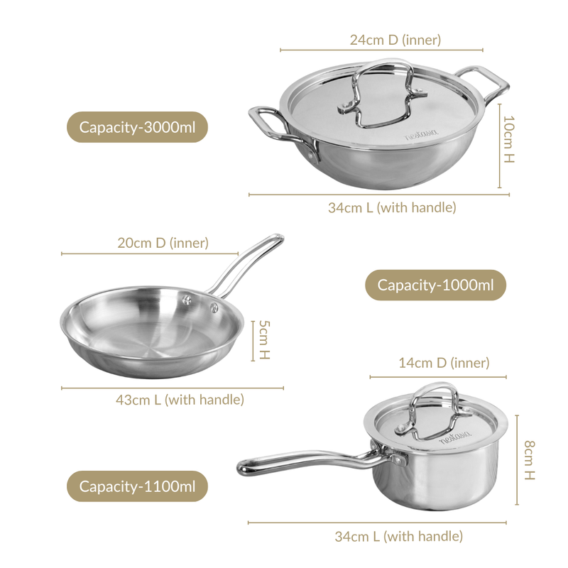 Triply Stainless Steel Kadai Frying Pan And Saucepan Cookware Set