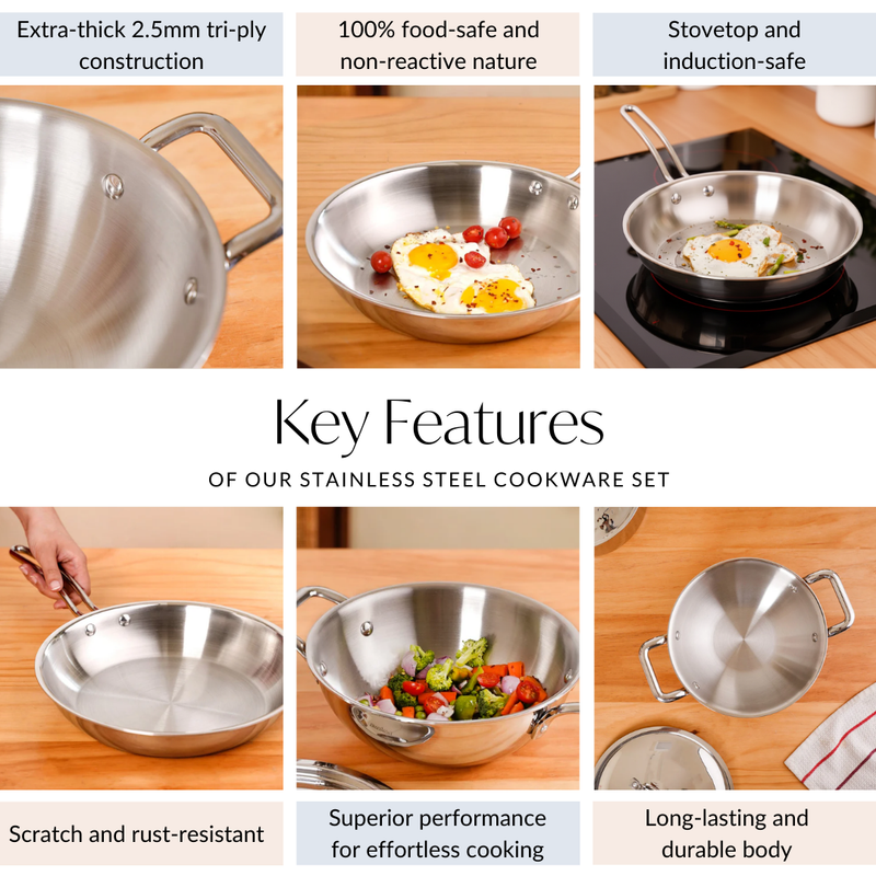 Set Of 2 Triply Stainless Steel Kadai With Lid And Frying Pan