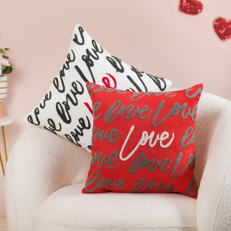 Embroidered Love Cotton Cushion Cover Set Of 2 16x16 Inch
