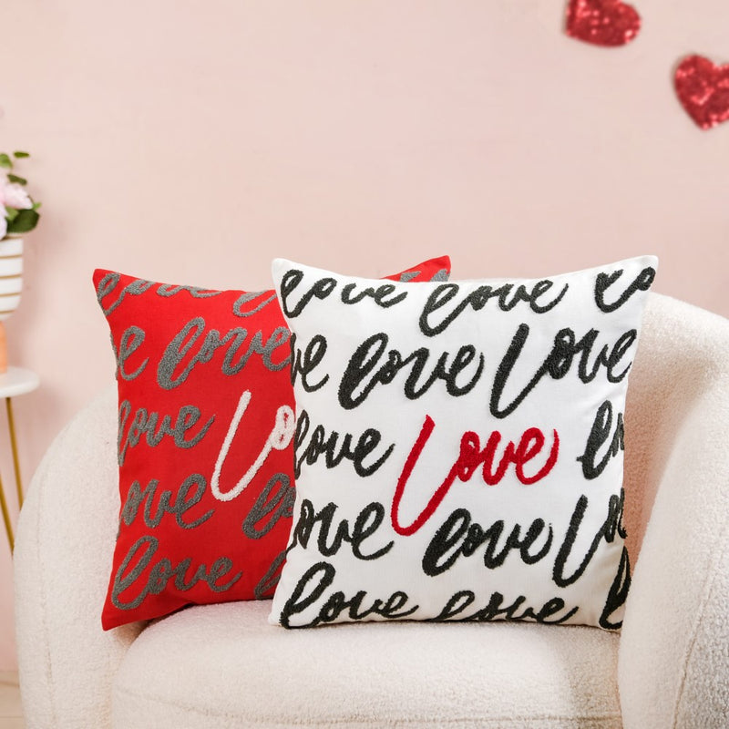 Embroidered Love Cotton Cushion Cover Set Of 2 16x16 Inch