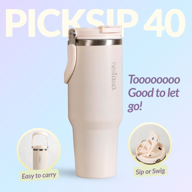 PickSip 40 Insulated Tumbler Bottle With Top Handle Vanilla Oatmilk 1200ml