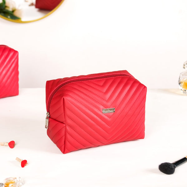 Vegan Leather Makeup Pouch Set Of 2 For Women Red