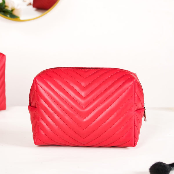 Vegan Leather Makeup Pouch Set Of 2 For Women Red