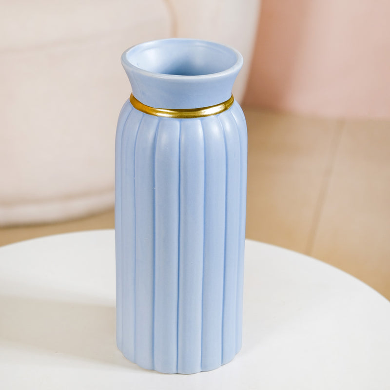 Ceramic Vase With Ribbed Textures Blue
