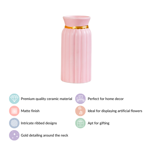 Ribbed Ceramic Flower Vase For Home Decor Pink