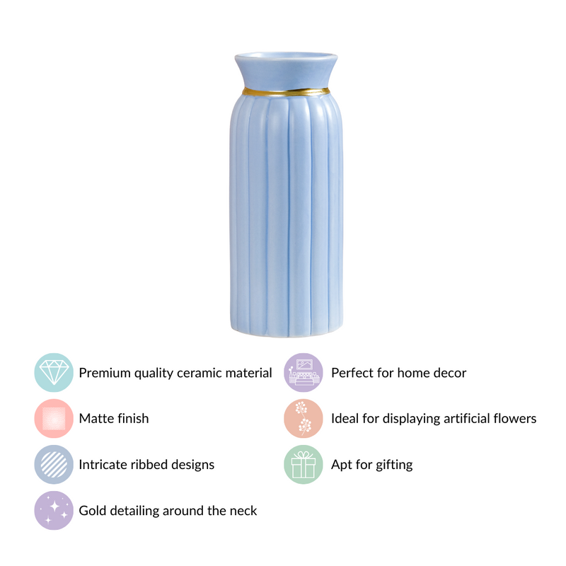 Ceramic Vase With Ribbed Textures Blue