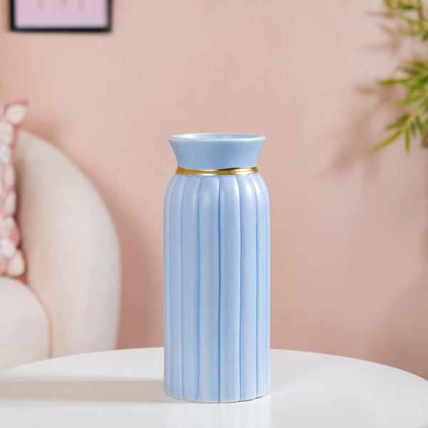 Ceramic Vase With Ribbed Textures Blue
