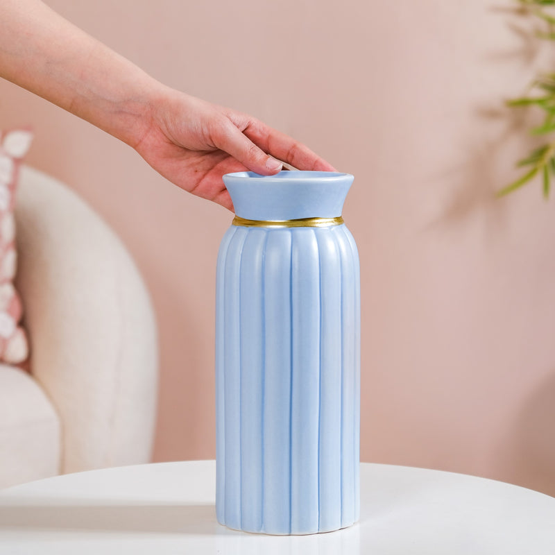 Ceramic Vase With Ribbed Textures Blue