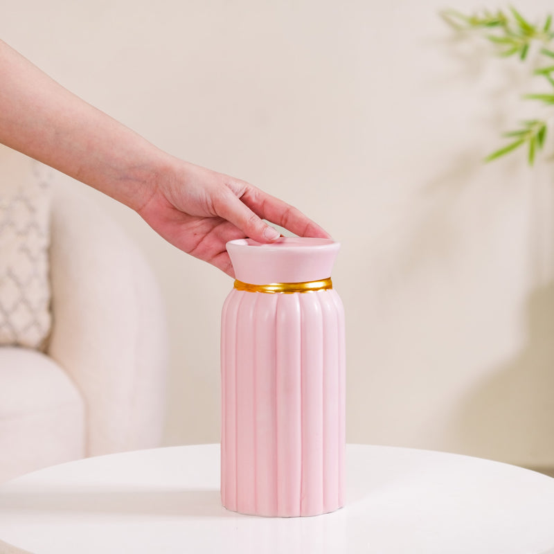 Flowerful Vintage Ceramic Vase Set of 2 Pink - Ceramic Vase, Pink Ceramic Vase Set, Set of 2 Ribbed Vases, Decorative Pink Vases, Ceramic Vase