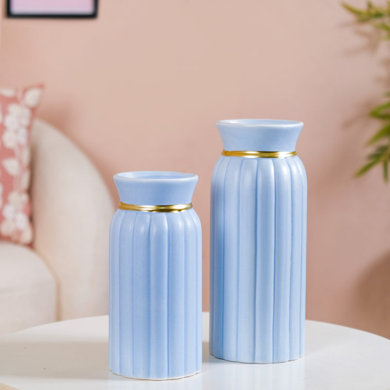 Ceramic Vase With Ribbed Textures Blue
