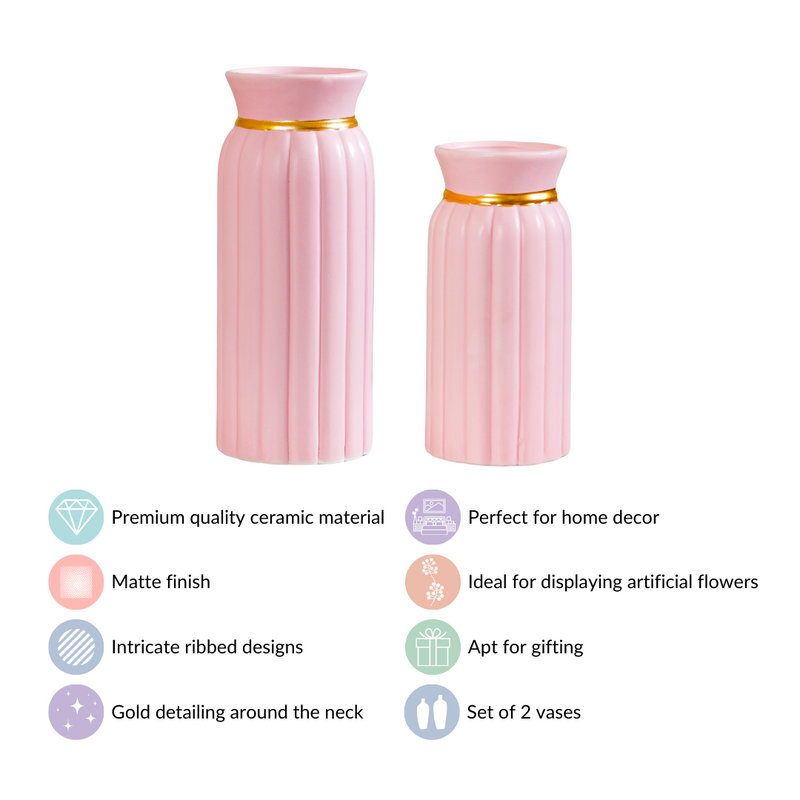 Flowerful Vintage Ceramic Vase Set of 2 Pink - Ceramic Vase, Pink Ceramic Vase Set, Set of 2 Ribbed Vases, Decorative Pink Vases, Ceramic Vase