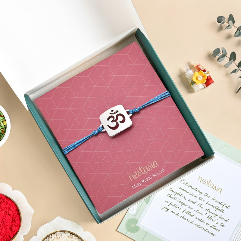 Vedic Om Silver Finish Brass Rakhi Gift Set