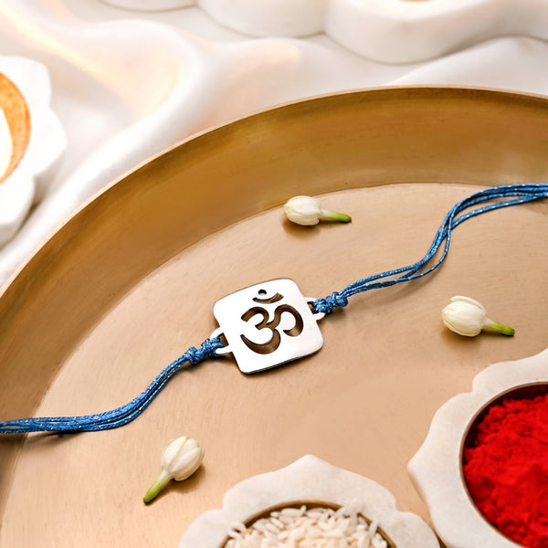 Vedic Om Silver Finish Brass Rakhi Gift Set