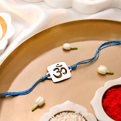Vedic Om Silver Finish Brass Rakhi Gift Set