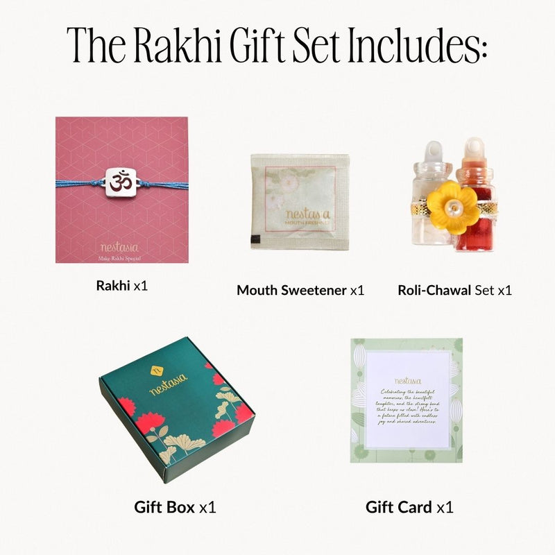 Vedic Om Silver Finish Brass Rakhi Gift Set