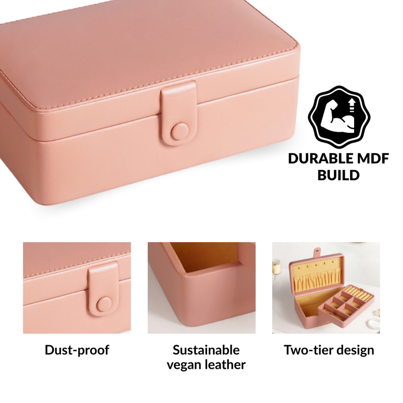 Vegan Leather Two Tier Jewellery Box Pink