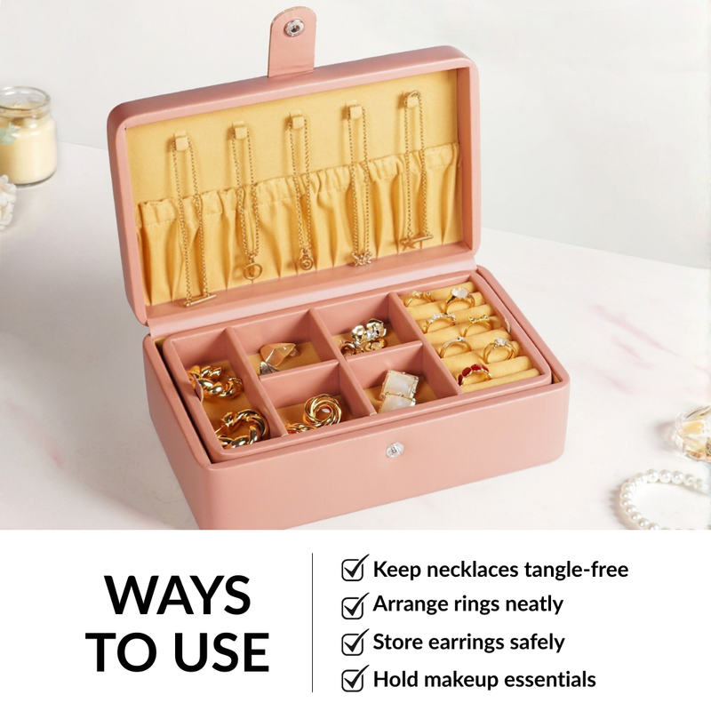 Vegan Leather Two Tier Jewellery Box Pink