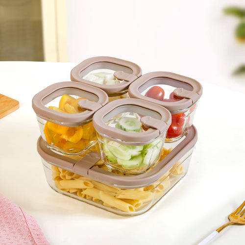Vento Food Container With Airtight Silicone Lid Set Of 5 220ml 1320ml Brown