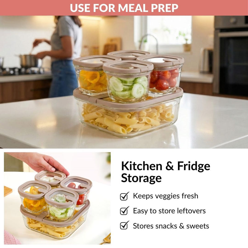 Vento Food Container With Airtight Silicone Lid Set Of 5 220ml 1320ml Brown