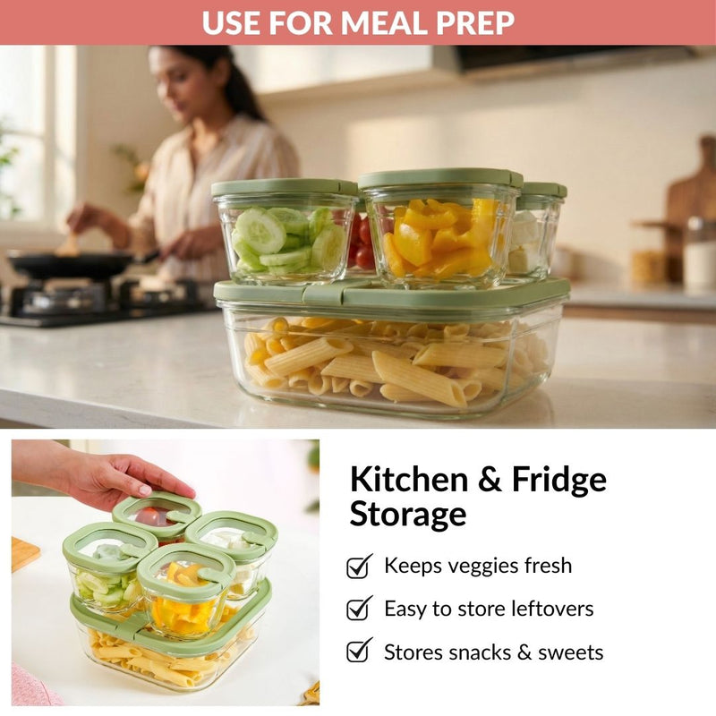 Vento Food Container With Airtight Silicone Lid Set Of 5 220ml 1320ml Sage Green