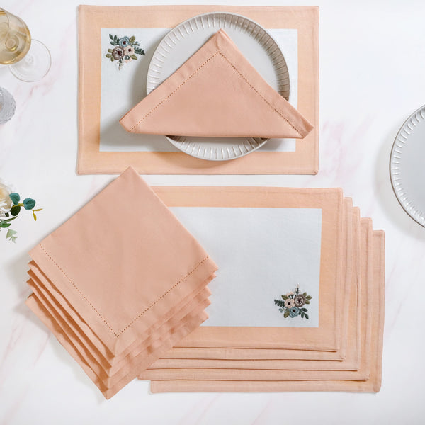 Ventosa Cotton Table Mat And Napkin Set Of 12 In Peach